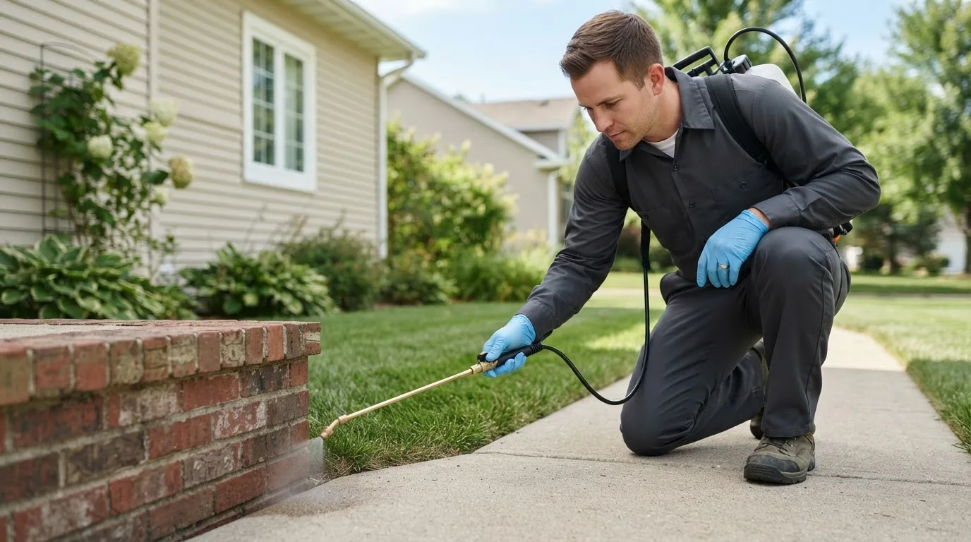 Pest control technician treating a home near West Boothbay Harbor, ME
