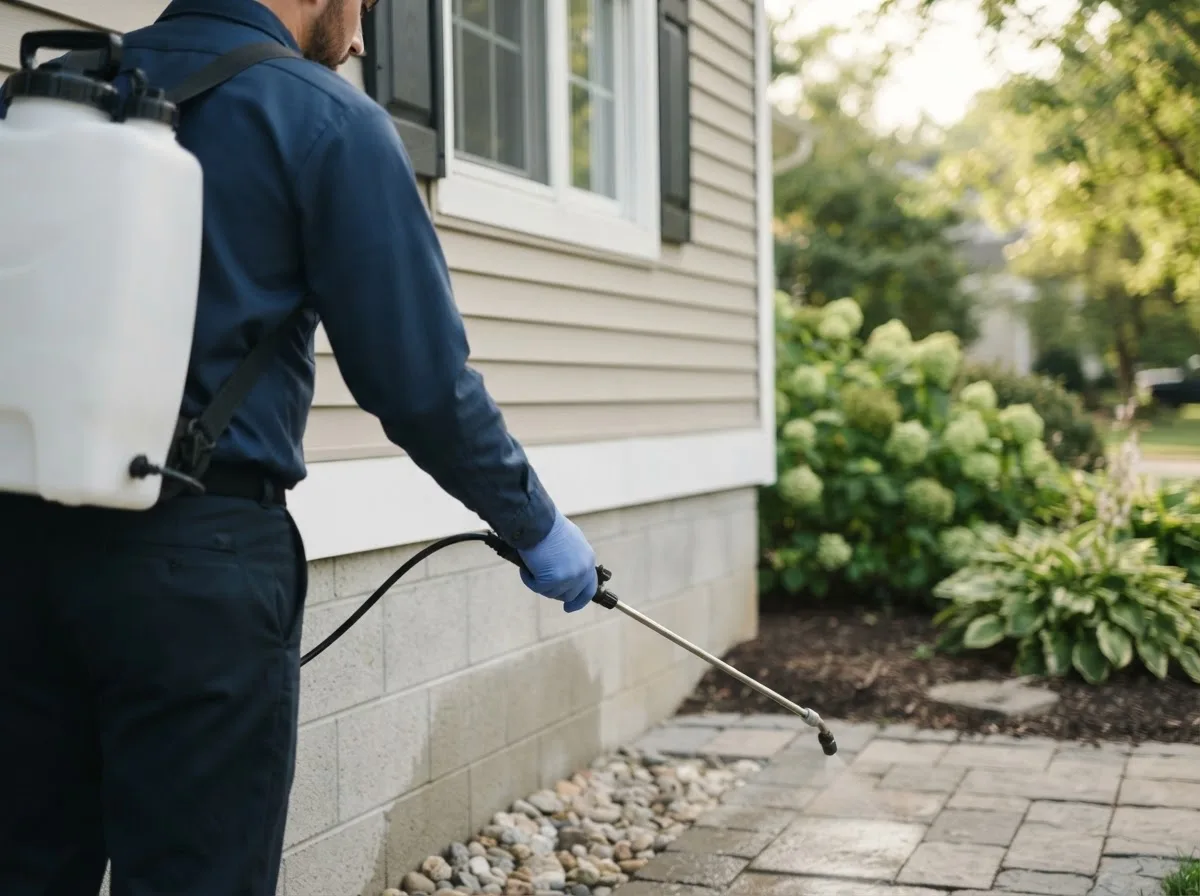 Pest control technician inspecting a home in West Boothbay Harbor, ME